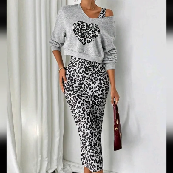 2pcs/Set Leopard Heart Print Hoodie With Form-Fitting Dress, Elegant - Picture 3 of 4